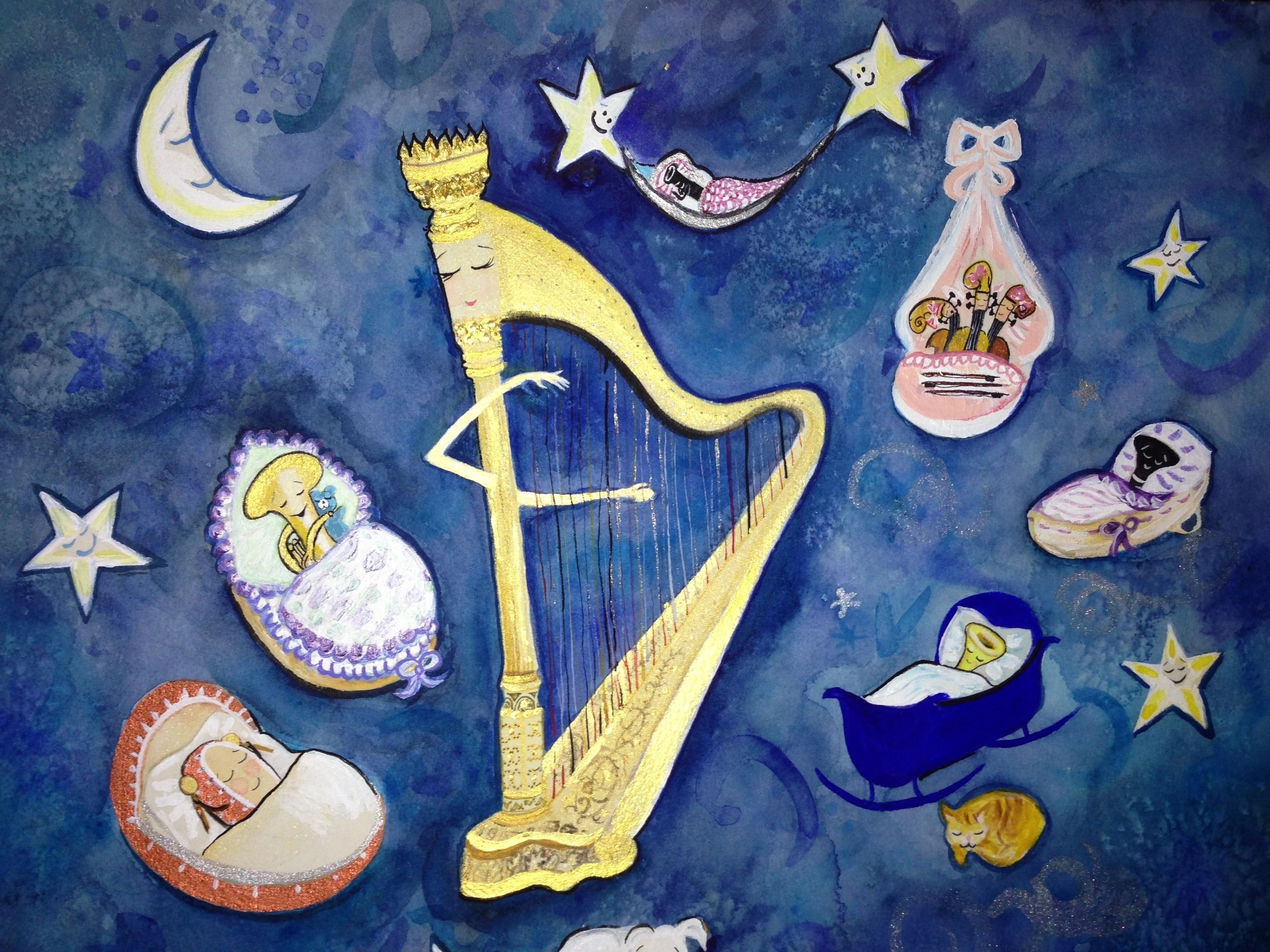 Whimsical nighttime harp illustration
